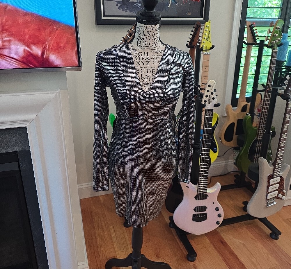 Max + Ash Silver Sequined Deep V Mini Dress